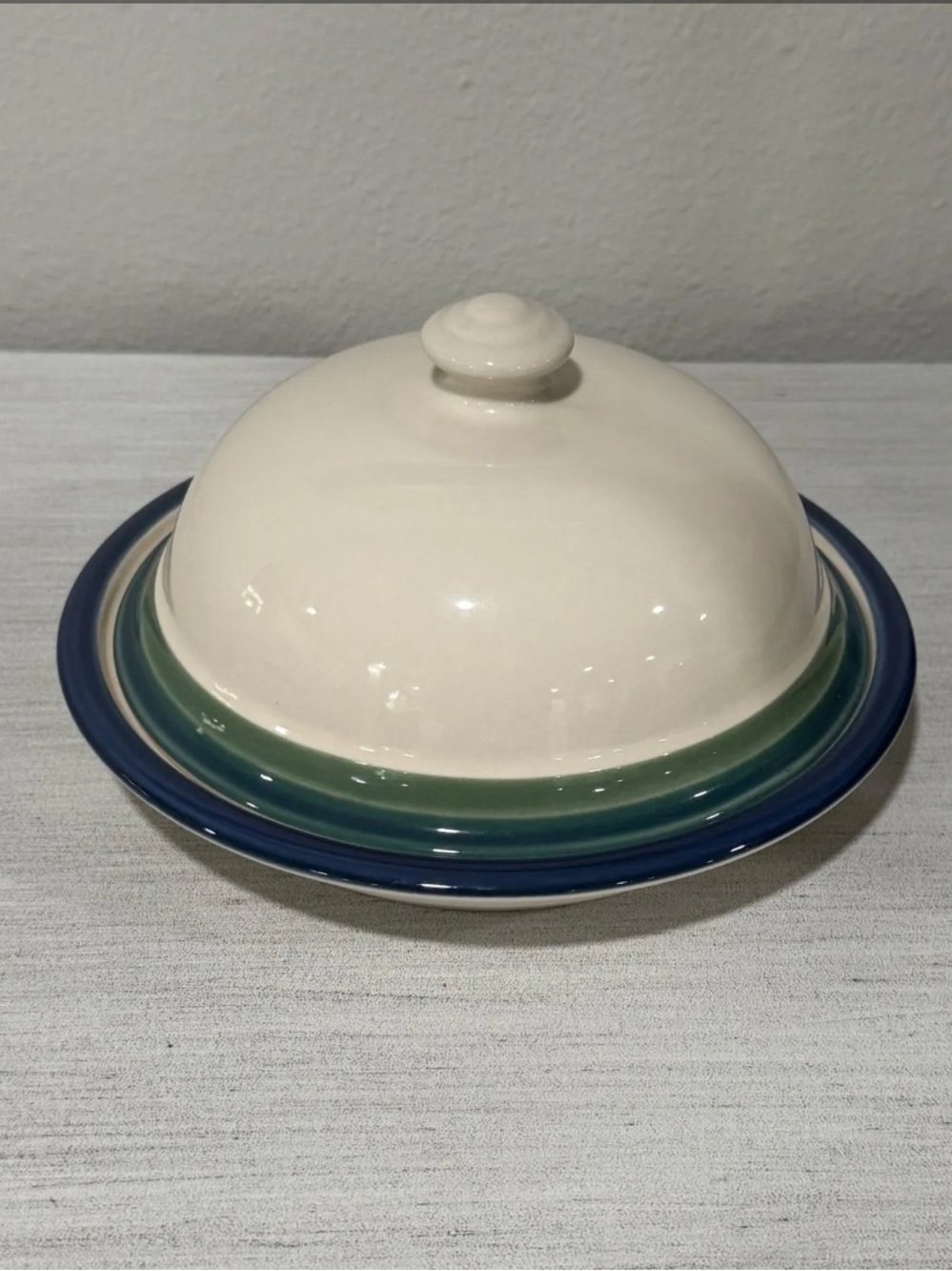 Pfaltzgraff Cream Dome Butter Dish with Blue and Green Band